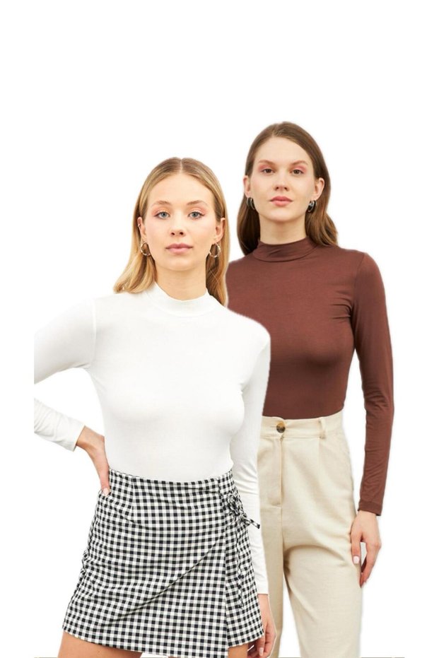 Women's White Brown 2-Piece Body Turtleneck Body