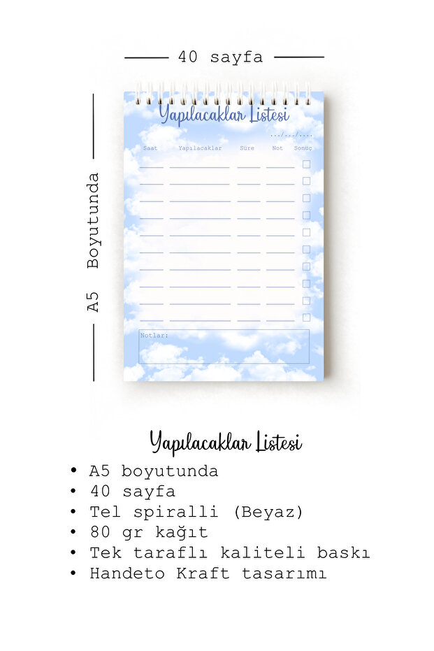 Cloud Themed Turkish to Do List, A5 to Do List, Planner, Task List, Planner - 3
