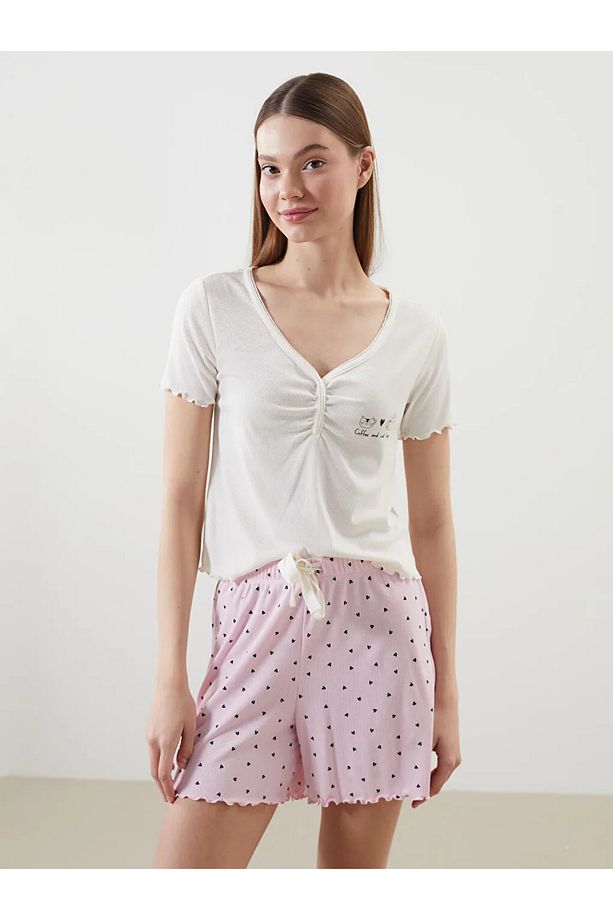 LCW DREAM Pembe Kalp Baskılı Kadın Şortlu Pijama Takımı - 2
