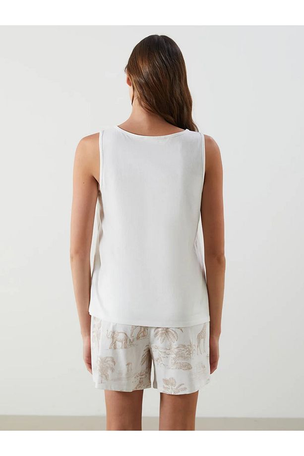 LCW DREAM Ekru Bisiklet Yaka Çiçekli Kadın Şortlu Pijama Takımı - 4