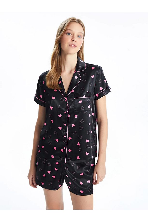 LCW DREAM Siyah Gömlek Yaka Desenli Kadın Şortlu Pijama Takımı - 2