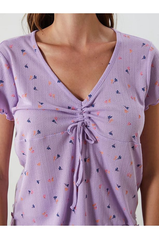 LCW DREAM Lila V Yaka Çiçekli Kadın Şortlu Pijama Takımı - 3