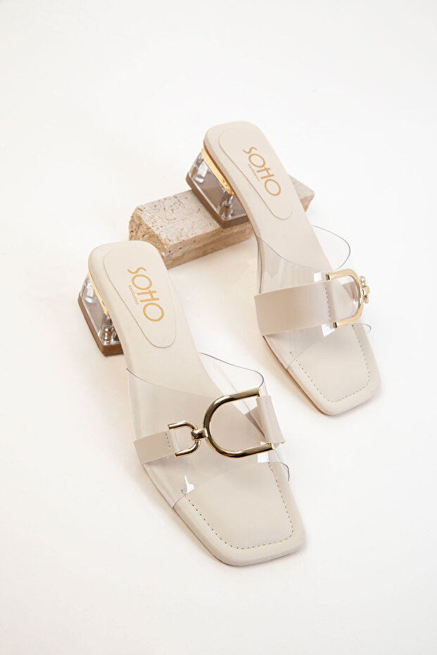 Beżowe damskie klasyczne buty na wysokim obcasie 20640 - 2