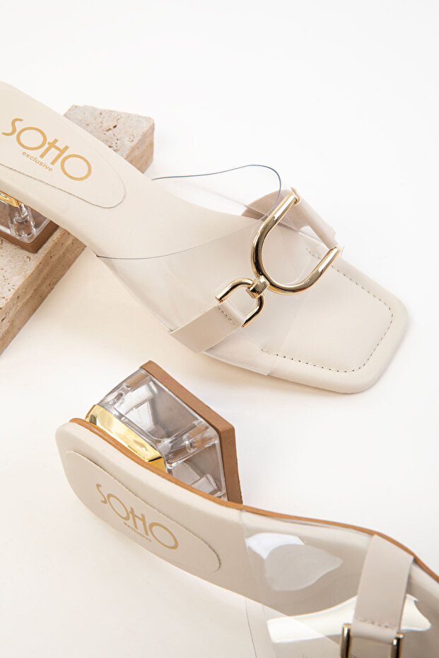 Beżowe damskie klasyczne buty na wysokim obcasie 20640 - 4