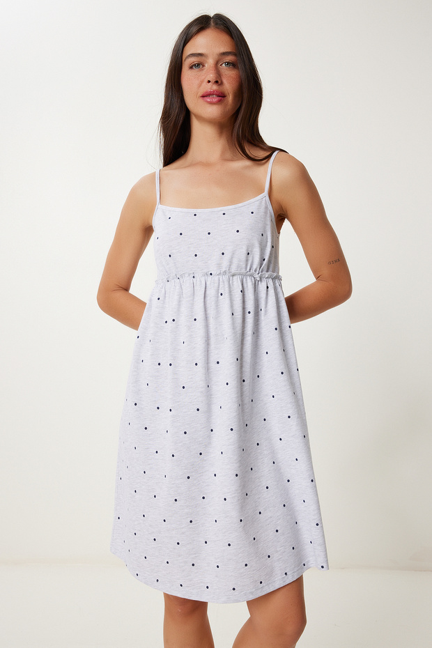 Women's Gray Melange Strap Soft Textured Cotton Knitted Nightgown Dress Ce00097