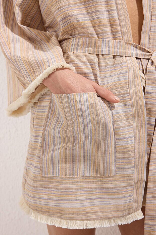Çizgili Dokuma Püskül Plaj Mini Kuşaklı Kimono&Kaftan TBESS25KM00033 - 3