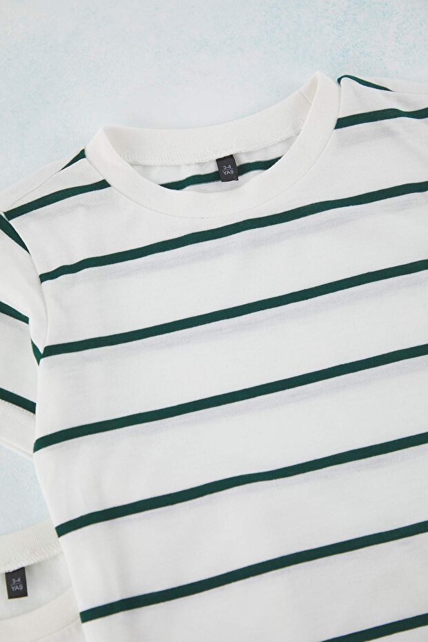 Mint-Ekru 2'li Erkek Çocuk Basic-Çizgili Regular Kalıp Kısa Kol Örme T-Shirt TKDSS25TS00025 - 2