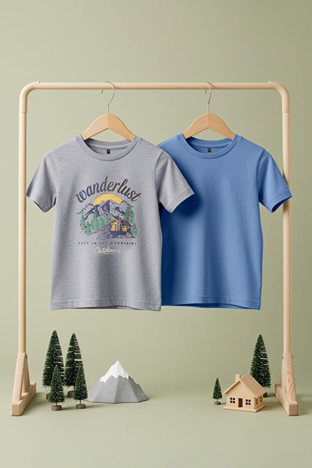 Indigo-Gri 2'li Erkek Çocuk%100 Pamuk Slogan Baskılı Kısa Kol Örme T-Shirt TKDSS25TS00016 - 1