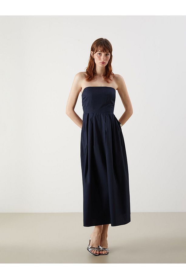 Straplez Yaka Poplin Elbise - 1
