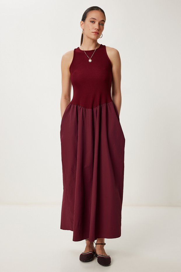 Knitted Top Poplin Skirt Dress Burgundy Lpb0002