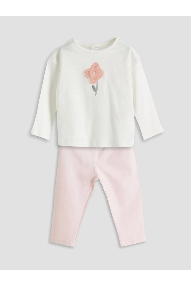 Beige Floral Appliqué Baby Girl Blouse and Leggings 2-Piece Set