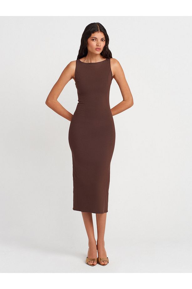 91099 Vücuda Oturan Midi Elbise-Kahve - 1