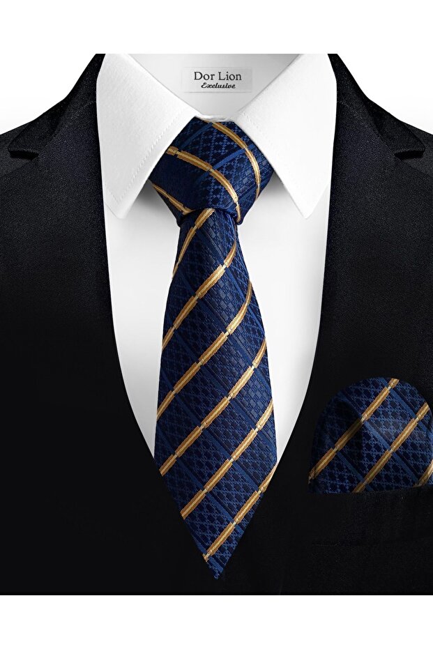 Çizgili Lacivert Kravat Ve Mendil - 7 Cm - 1