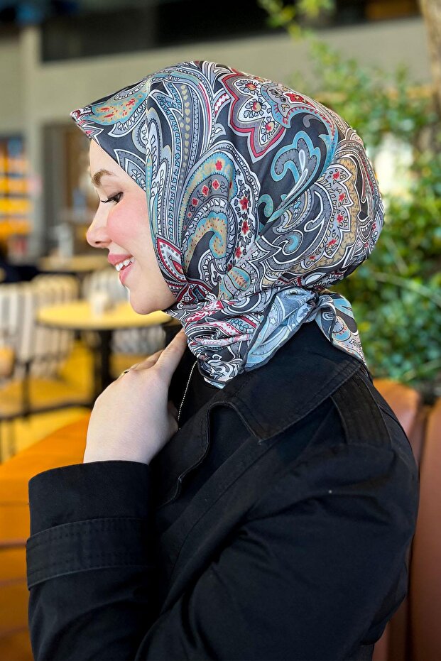 وشاح سلطان قطن ناعم - نمط ريترو - SSE0238-05 - أسود، رمادي، أحمر كلاريت