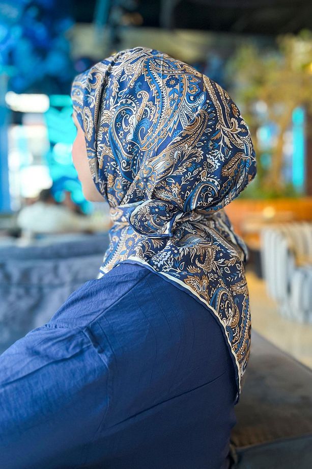 Sultan Soft Pamuk Eşarp - Etnik Desen - SSE0237-33 - Lacivert, Hardal - 2