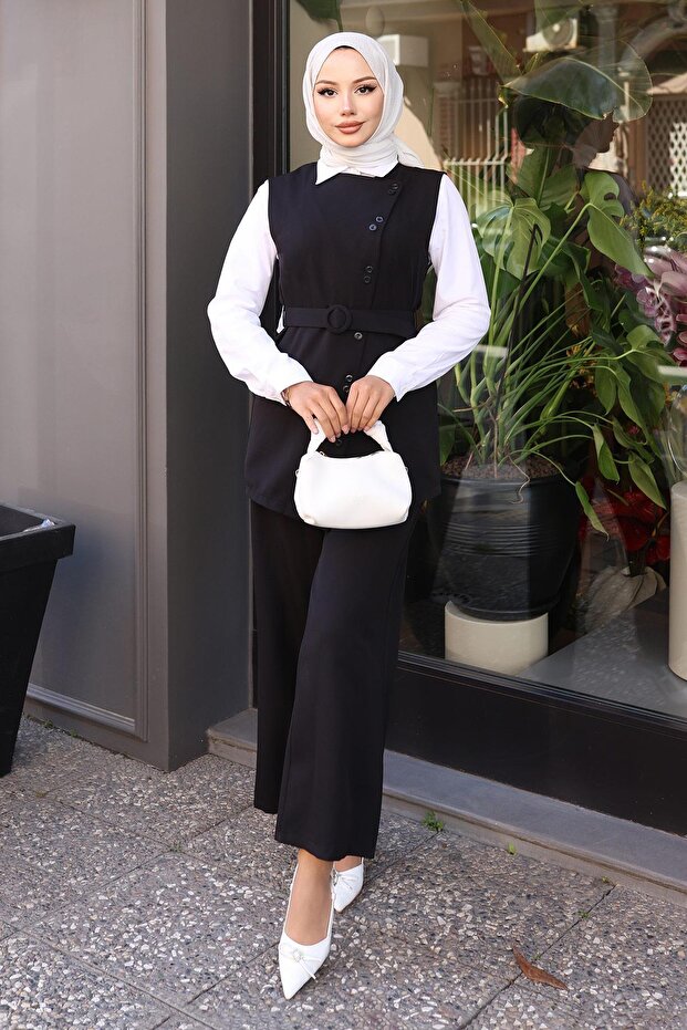 Belted Vest Trousers Suit Black 19250