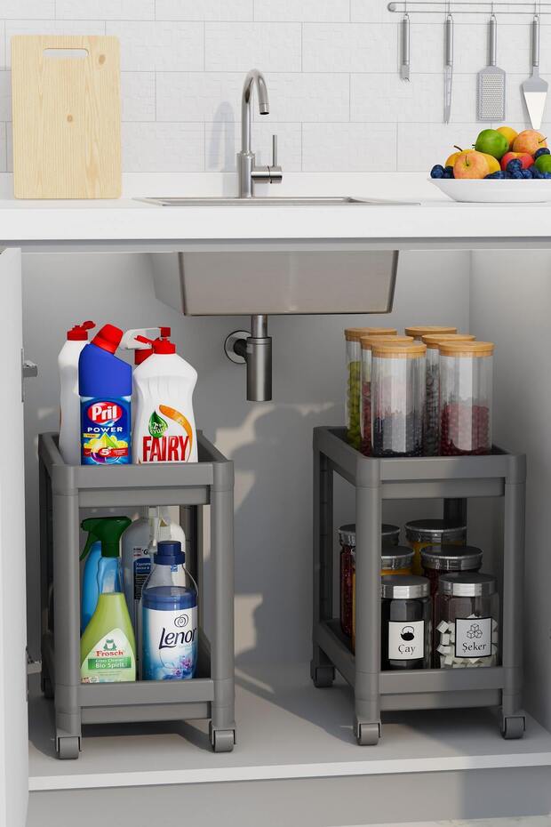 2 szintes kerekes rendszerező mosószer tartó konyha, fürdőszoba polc, szekrény, munkalap, mosogató alatti szürke - 2
