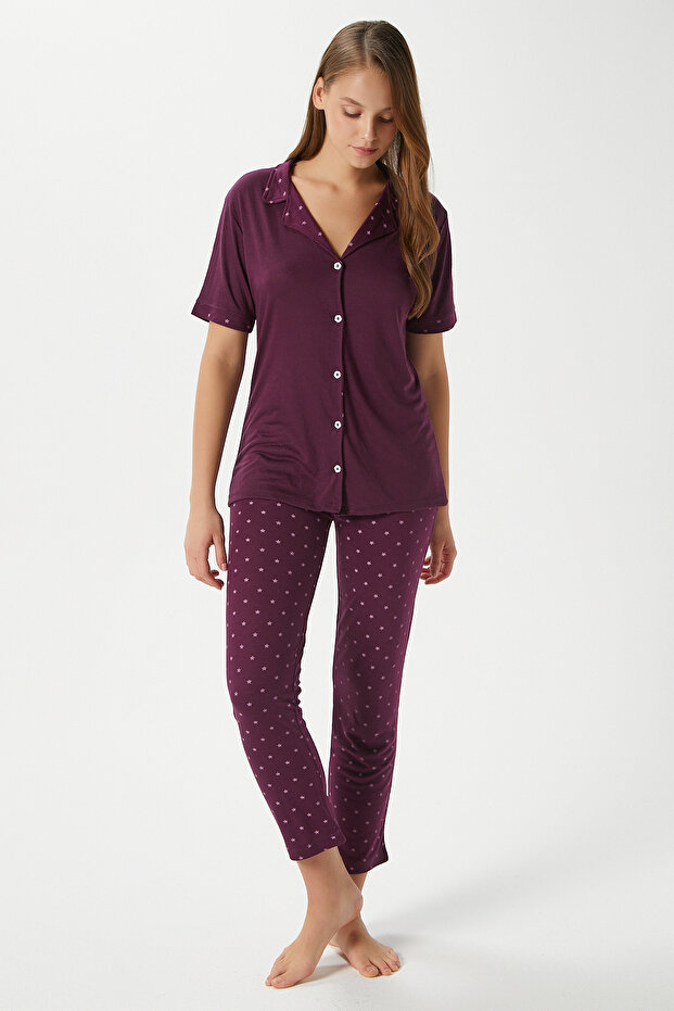 Kadın Jayla Viskon Yıldız Desen Ön Düğmeli Kısa Kol Mürdüm Alt Üst Pijama Takımı - 2