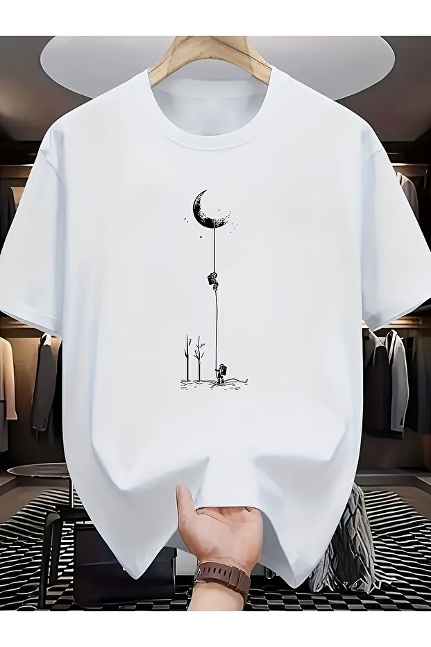 Minimalist Moon and Child Design Artistic T-Shirt