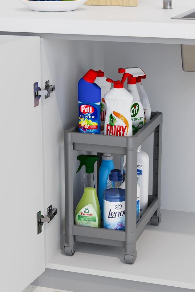2 szintes kerekes rendszerező mosószer tartó konyha, fürdőszoba polc, szekrény, munkalap, mosogató alatti szürke - 6