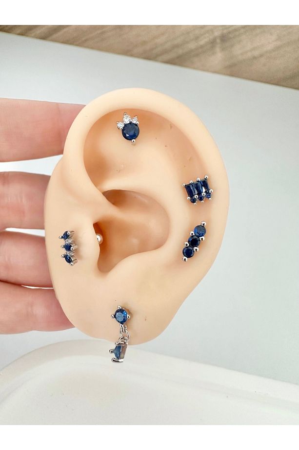 Cerrahi Çelik Safir Renkli Zirkon Taşlı Piercing Küpe, Helix, Tragus, Flat, Lobe Uyumlu (1 Adet) - 2