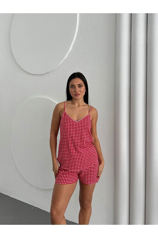 Ekose Şortlu Dokuma Pijama Takımı - 1