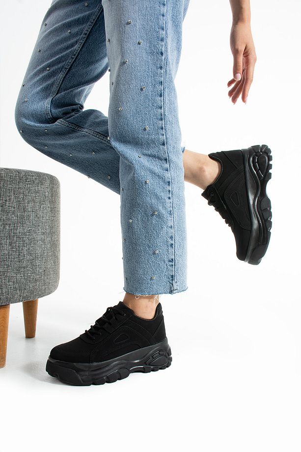 Siyah Süet Günlük Kadın Spor Ayakkabı Bağcıklı Kalın Hafif Yüksek Taban Sneaker - 6