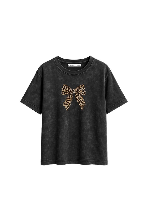 Bow Printed Relaxed Fit Washable Black Women's Tshirt