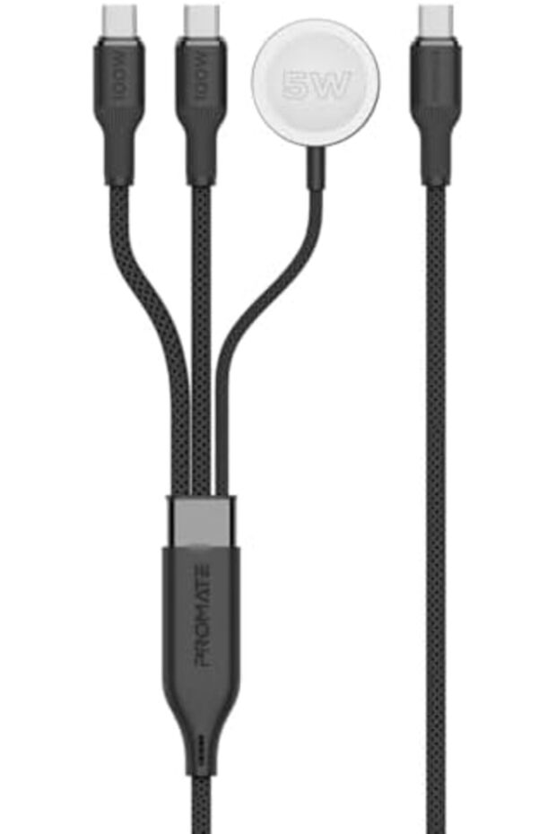 كابل شحن متعدد الأجهزة مع مخرجين USB-C PD100W، شاحن متوافق مع Apple Watch،