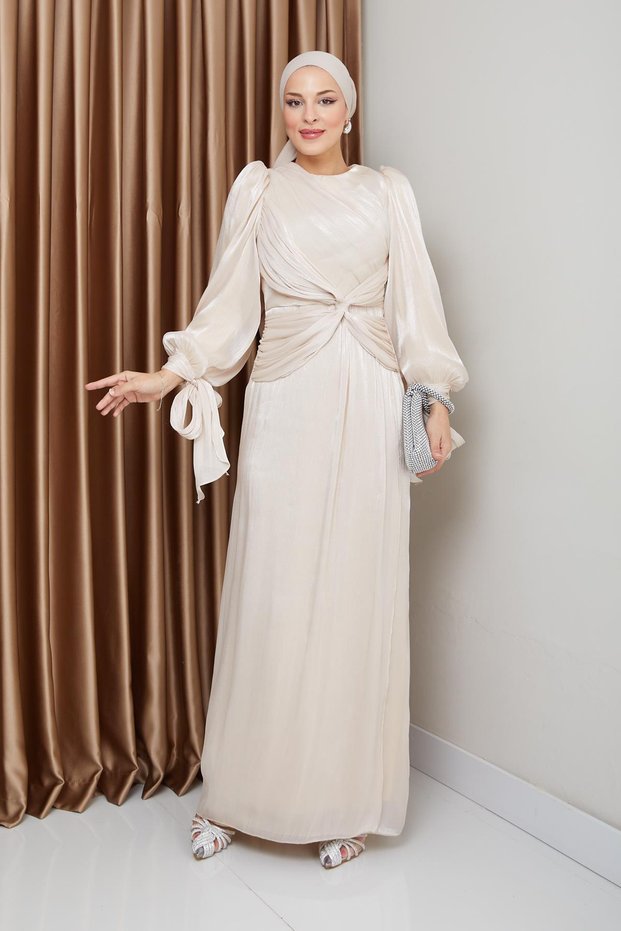Yoryo Silk Hijab Evening Dress with Flywheel and Bow Detail Sleeve Mouth Tie Cream 1224