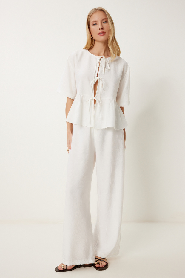 Blouse Trousers Suit with Binding Detail Ecru Lrv0099