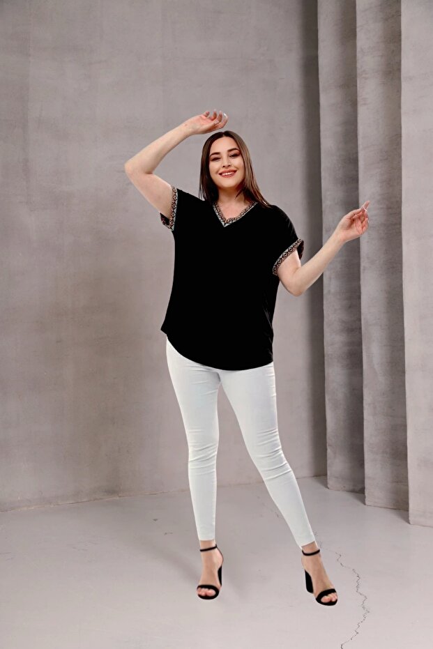 Yakası Kolları Örme Şerit Bluz - 2