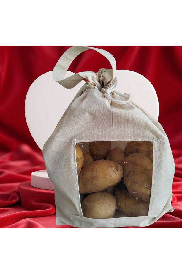 5 Kg Patates Saklama Torbası | Pamuk Ham Bez | Asetat Pencereli, İpli ve Saplı Doğal Bez Poşet - 3
