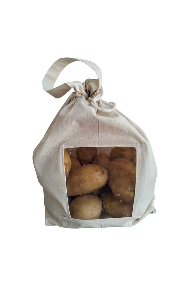 5 Kg Patates Saklama Torbası | Pamuk Ham Bez | Asetat Pencereli, İpli ve Saplı Doğal Bez Poşet - 4