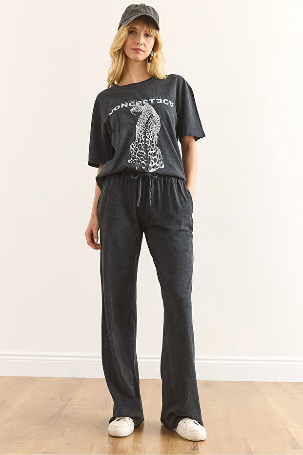 Women's Anthracite Elastic Waist Washed Trousers with Pockets Pnt-19000340
