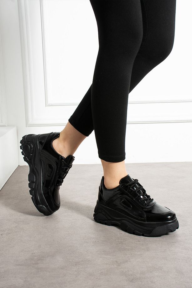 Siyah Rugan Günlük Kadın Spor Ayakkabı Bağcıklı Kalın Hafif Yüksek Taban Sneaker - 4