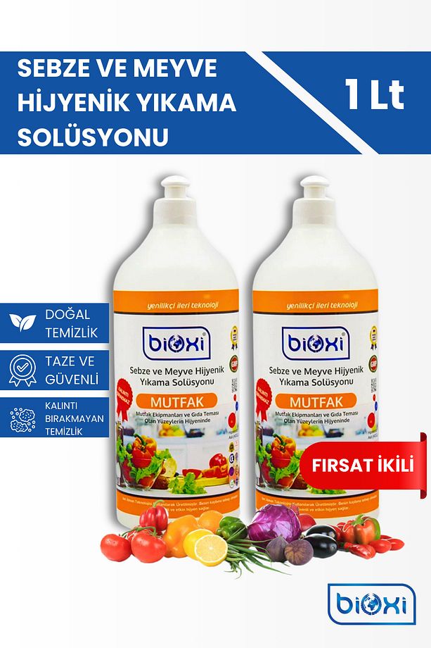 Sebze Meyve Yıkama, Mutfak Yüzey Hijyen Solüsyon, Doğal, Kalıntı Bırakmayan Solüsyon (1 Lt x 2 Adet) - 1