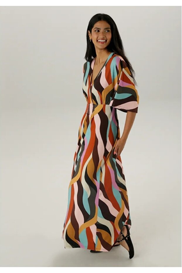 Women's Plus Size Colorful, Front Gipe Rubber Detail Batwing Sleeve, Patterned Long Dress 65N38811