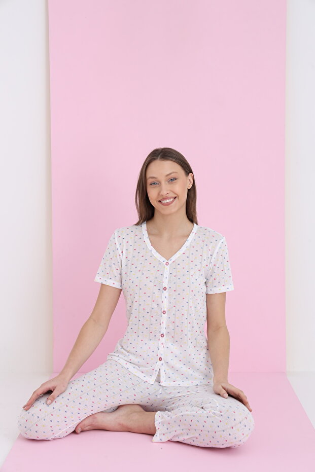 Jakarlı Viskon V Yaka Düğmeli Pijama Takım - 1