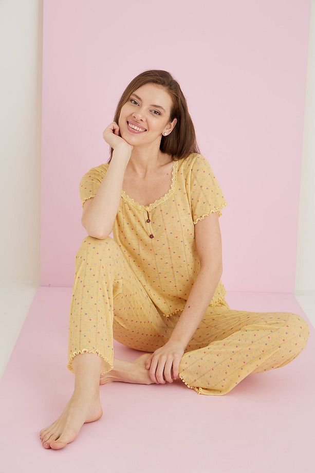 Jakarlı Viskon Dantelli Pijama Takım - 1