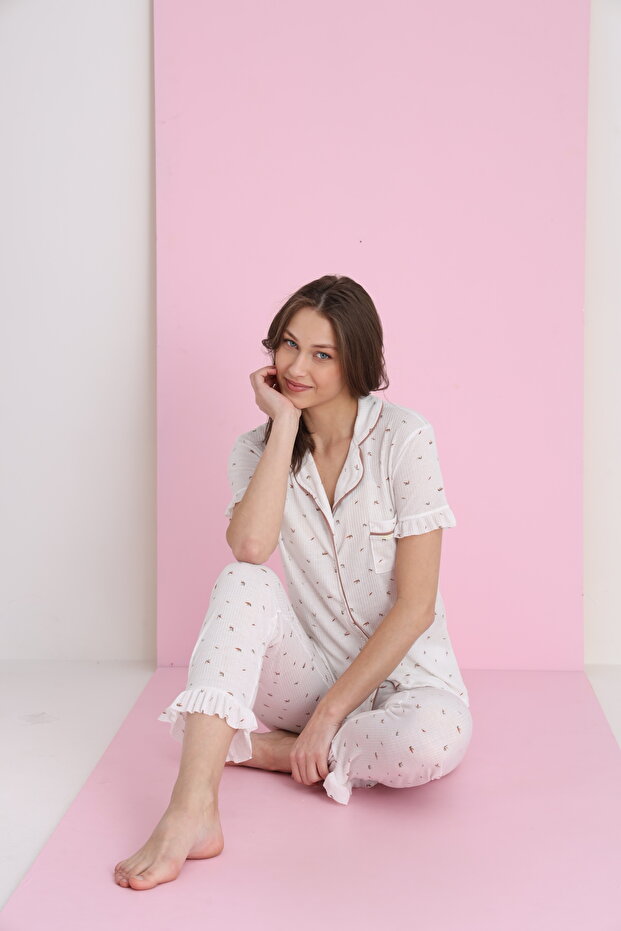 Raporlu Viskon Düğmeli Pijama Takım - 1