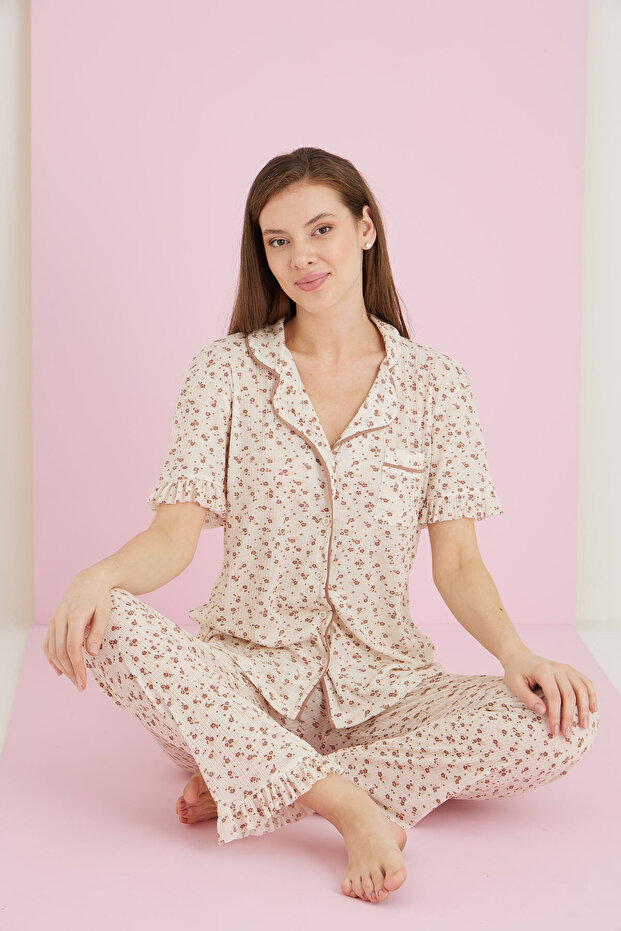 Raporlu Viskon Düğmeli Pijama Takım - 1