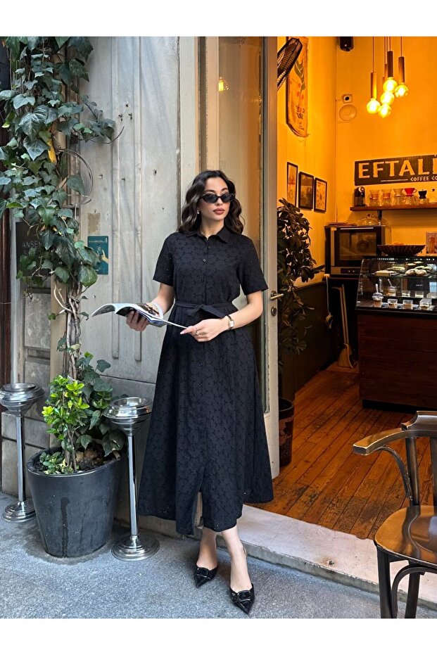 İTHAL PAMUK FİSTO ÇİÇEK DESENLİ CEP VE KEMER DETAYLI ASTARLI ELBİSE - 1