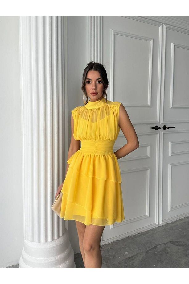 Kadın Sarı Sıfır Kol Mini Şifon Tül Elbise - 1