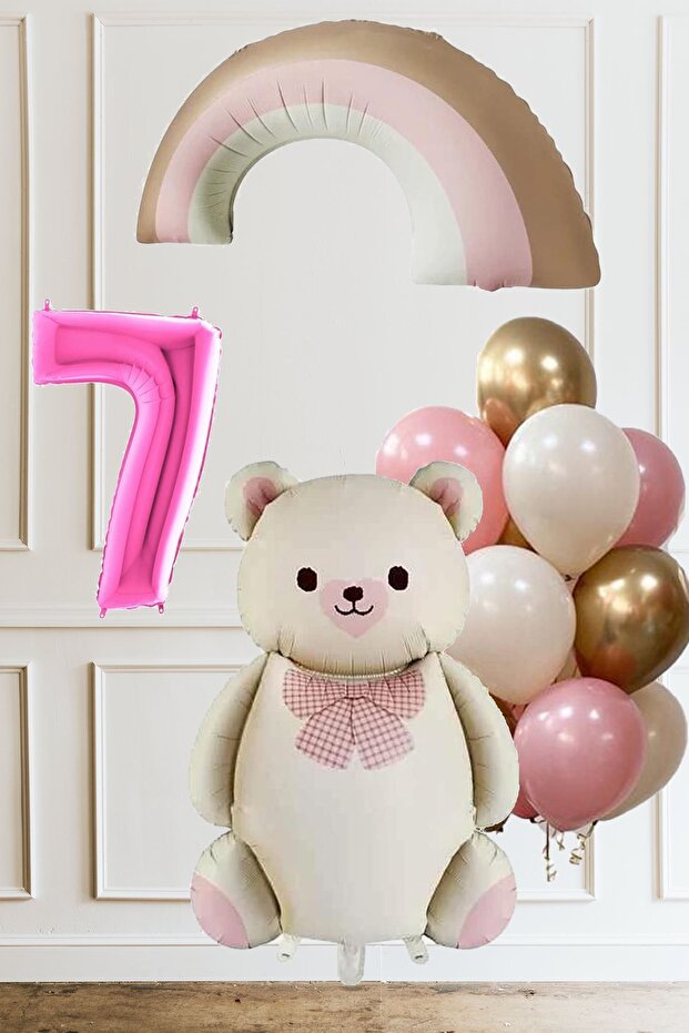 7Th Birthday Cream Bow Tie Bear Balloon Set with Pink Rainbow and 10 Balloons