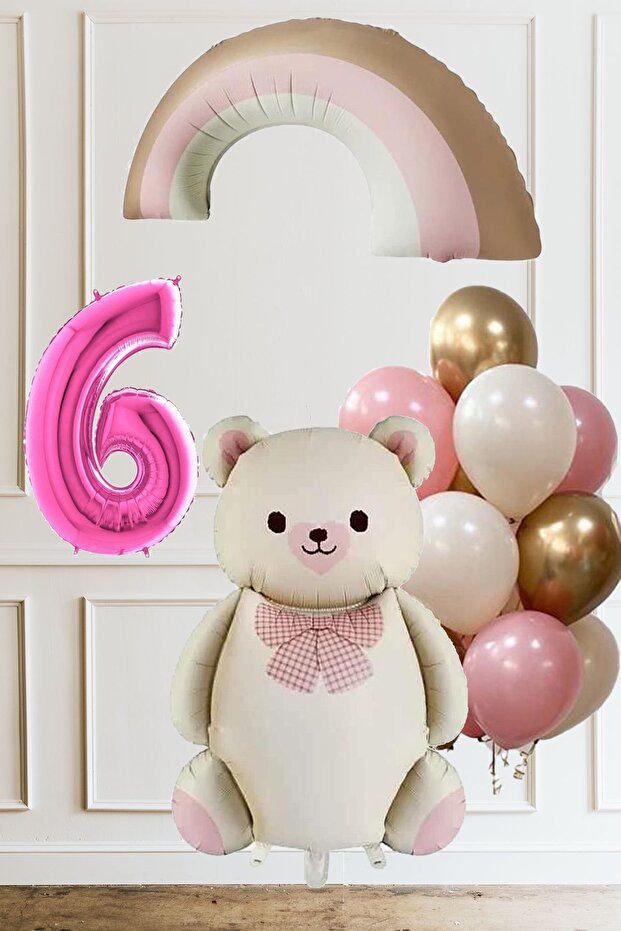 6Th Birthday Cream Bow Tie Bear Balloon Set with Pink Rainbow and 10 Balloons