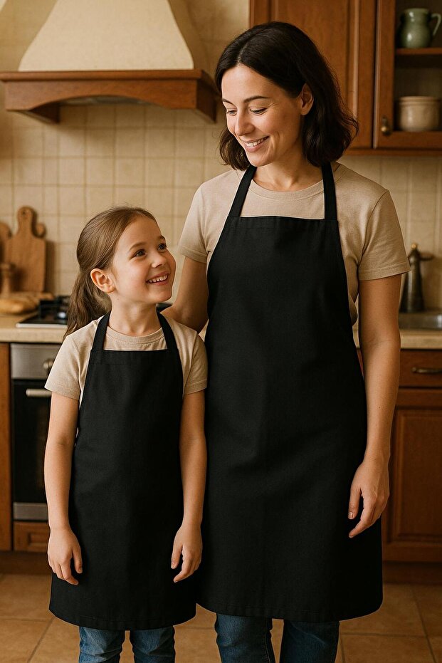 Black Stain Resistant Gabardine Double Mother Child Kitchen Apron Set