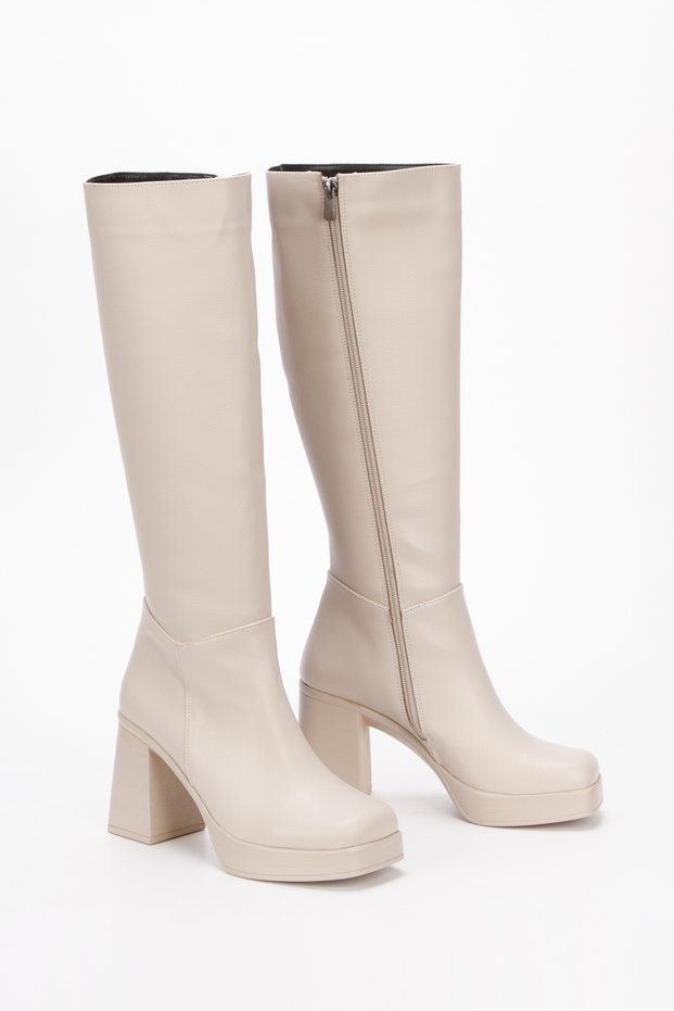 Seren Beige Blunt Toe Platform Heeled Boots