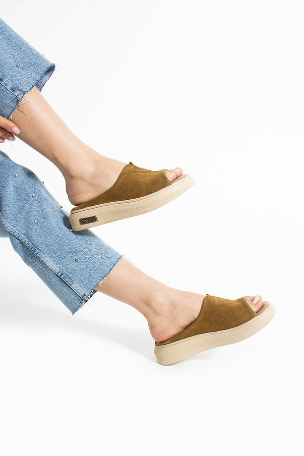 Aya Kadın Hakiki Deri Süet Cool Lastik Detay Comfort Hafif Esnek Taban Rahat Günlük Sandalet Terlik - 4