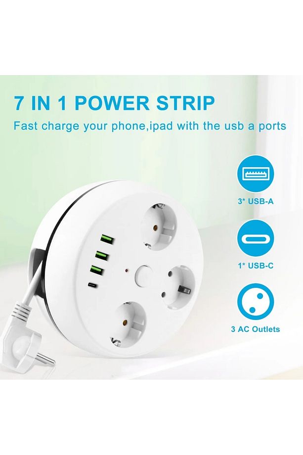 VEA 7 in 1 , Akım Korumalı Grup Priz, 3'LÜ, Anahtarlı, 3 Usb, 1 Type-c, 1.5 Metre Kablolu, Makaralı - 3